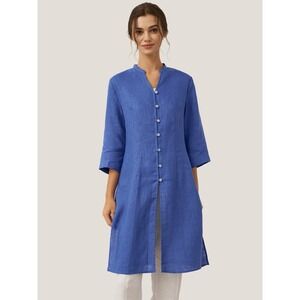 LINTICO 100% Linen Dillon Tunic Top Shirt  High Slit Royal Blue EUC Size L